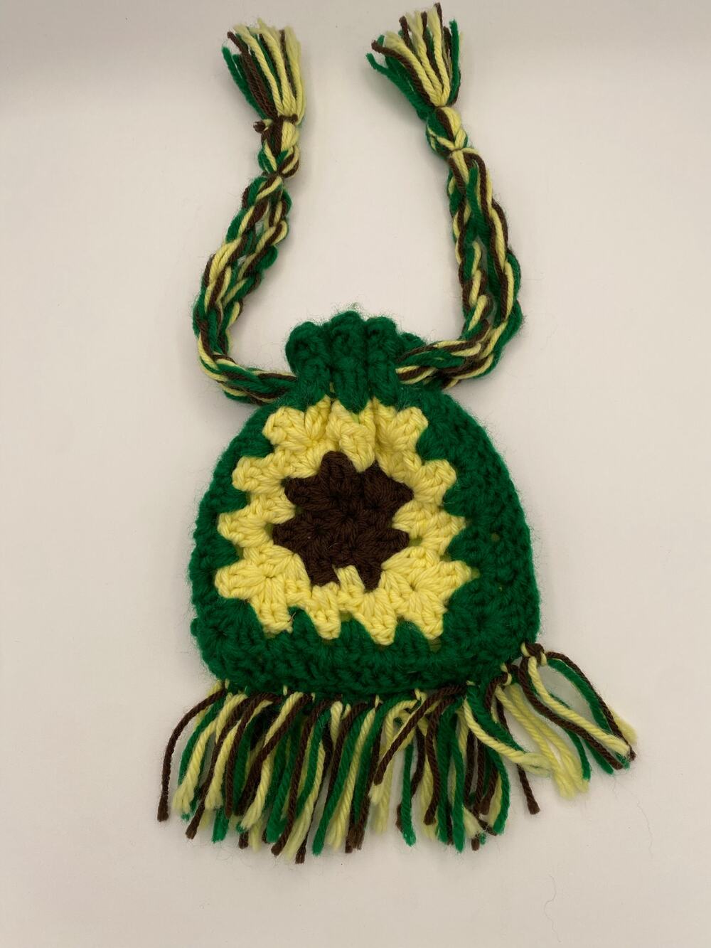 Vintage 70s Granny Square Fringed Green & Yellow Crocheted Drawstring Hand Bag